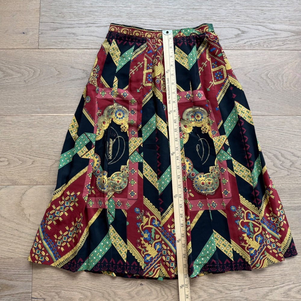 Vintage Hermes Paris Silk Pleated Skirt Red Navy Equestrian Scarf Print 36 - Picture 6 of 7